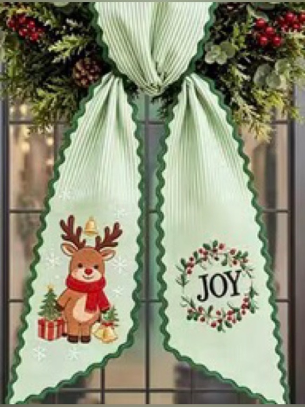 Holiday/Christmas Wreath Sash Reindeer/Wreath “JOY” Green/Wht Striped NEW
